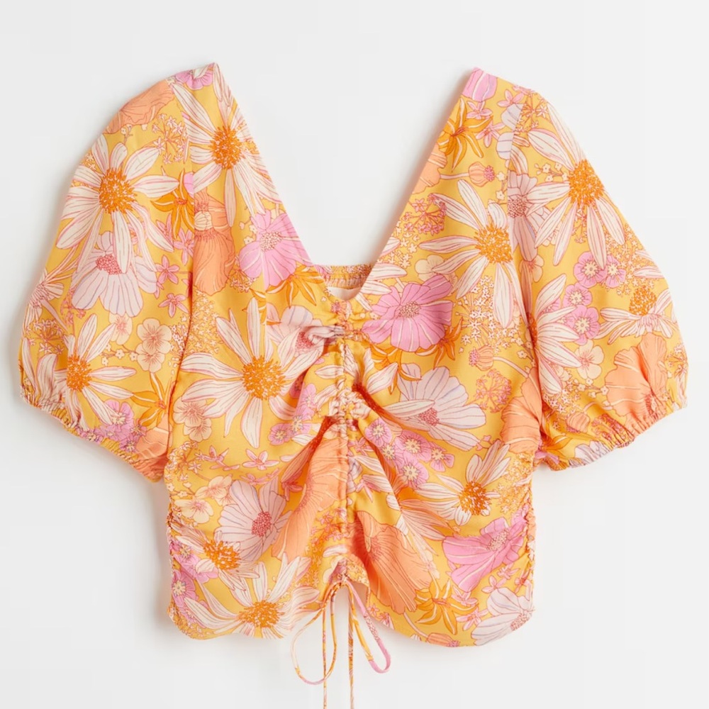 H&M Orange Floral V-Neck Drawstring Blouse